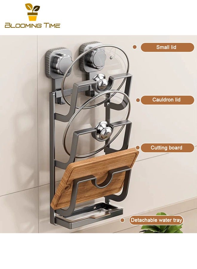 بلومنغ تايم حامل أغطية المقالي للمطبخ بنظام الشفط، حامل تخزين معلق على الحائط، حامل تخزين متعدد الطبقات بدون حفر، حامل لوضع أغطية المقالي ولوح التقطيع بثلاث طبقات، مزود بصينية لتصريف المياه، رمادي. - Image 3