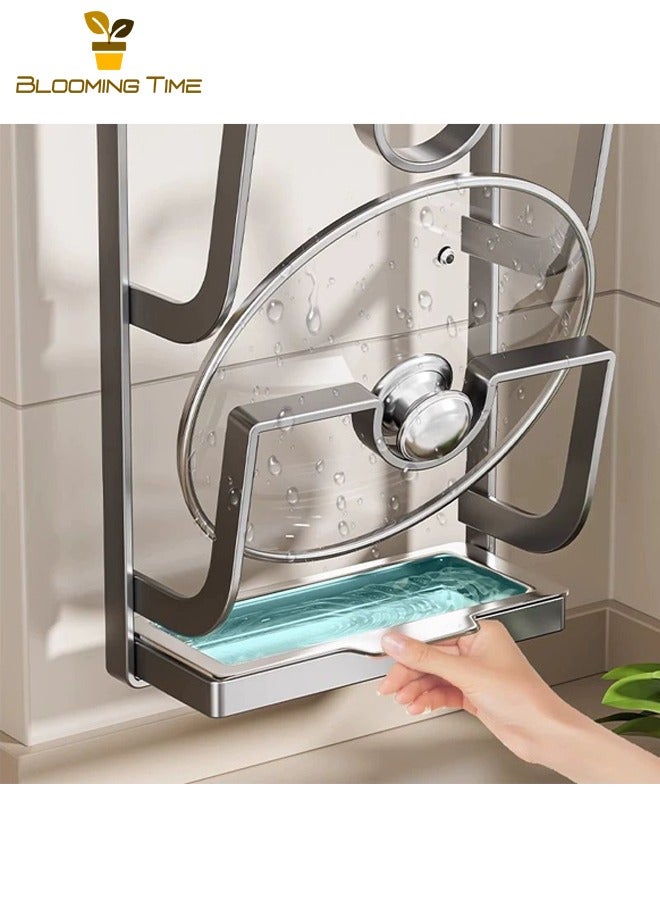 بلومنغ تايم حامل أغطية المقالي للمطبخ بنظام الشفط، حامل تخزين معلق على الحائط، حامل تخزين متعدد الطبقات بدون حفر، حامل لوضع أغطية المقالي ولوح التقطيع بثلاث طبقات، مزود بصينية لتصريف المياه، رمادي. - Image 4