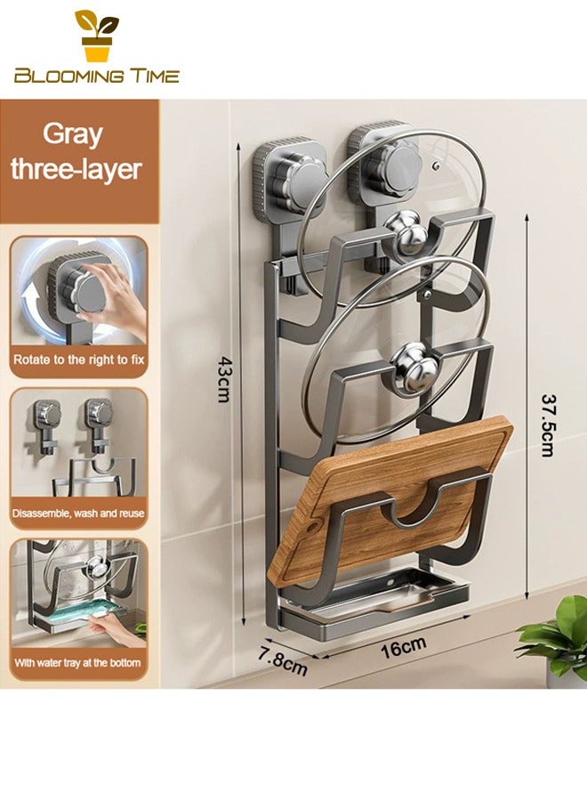 بلومنغ تايم حامل أغطية المقالي للمطبخ بنظام الشفط، حامل تخزين معلق على الحائط، حامل تخزين متعدد الطبقات بدون حفر، حامل لوضع أغطية المقالي ولوح التقطيع بثلاث طبقات، مزود بصينية لتصريف المياه، رمادي. - Image 5