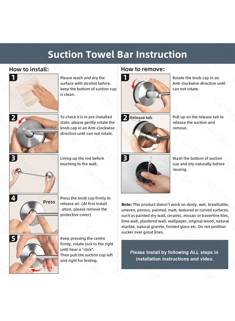 Bluejw Towel Bar Suction Hand Towel Rack for Bathroom Stainless Steel Kitchen Towel Rail Holder Storage Hanger No Drilling Towel Bar Brushed Finish,22 inches - Image 2