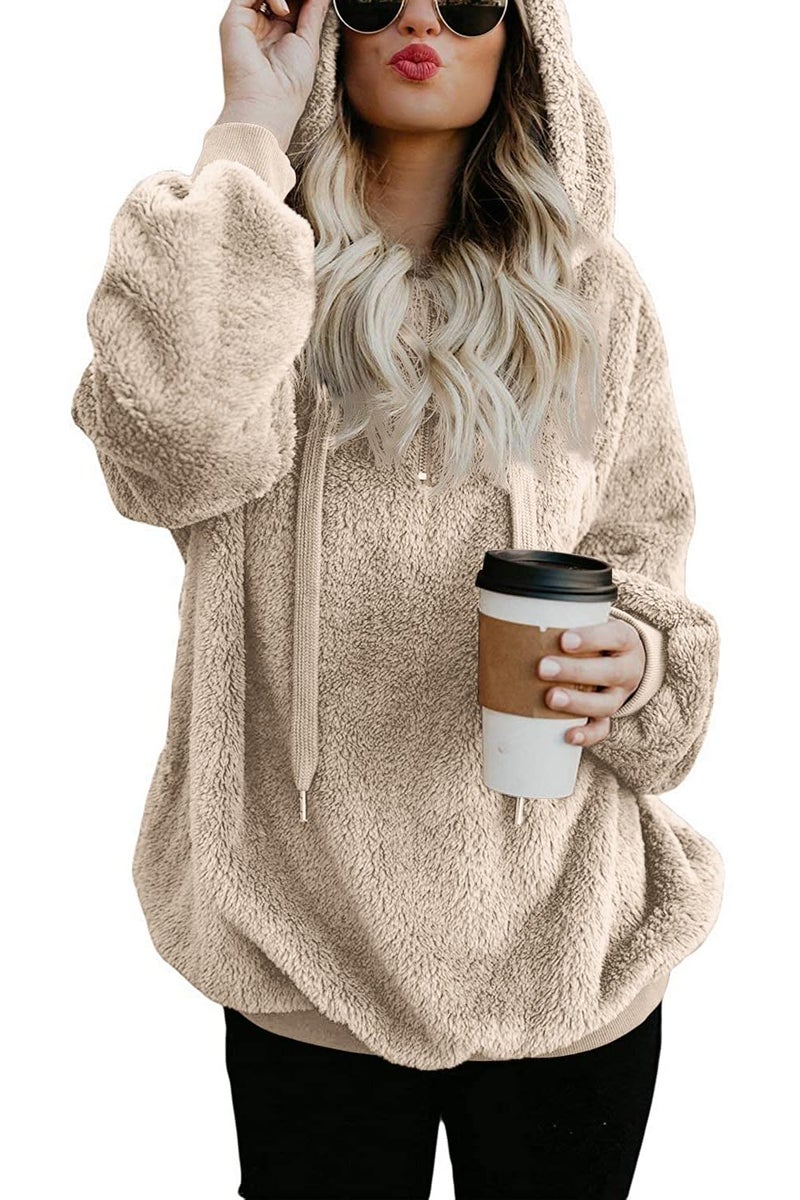 Yanekop Womens Fuzzy Fleece Pullover Oversized Sherpa Jacket Half Zip Pullover Sweaters Winter Faux Fur Jacket Coat(B Khaki,2XL) - Image 2