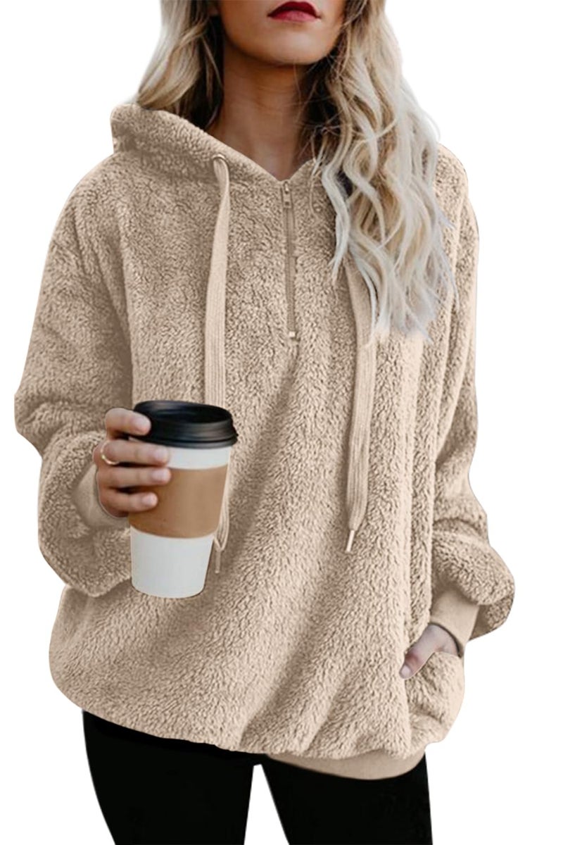 Yanekop Womens Fuzzy Fleece Pullover Oversized Sherpa Jacket Half Zip Pullover Sweaters Winter Faux Fur Jacket Coat(B Khaki,2XL) - Image 1