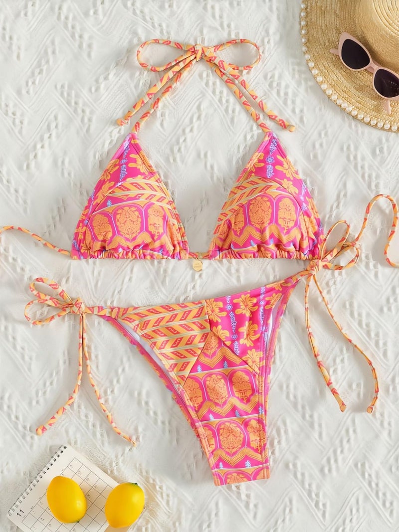 Tainehs Women's Sexy Halter Bikini Set Triangle Top String Swimwear Two Piece Swimsuits Cheeky Bathing Suit Hot Pink - Image 4