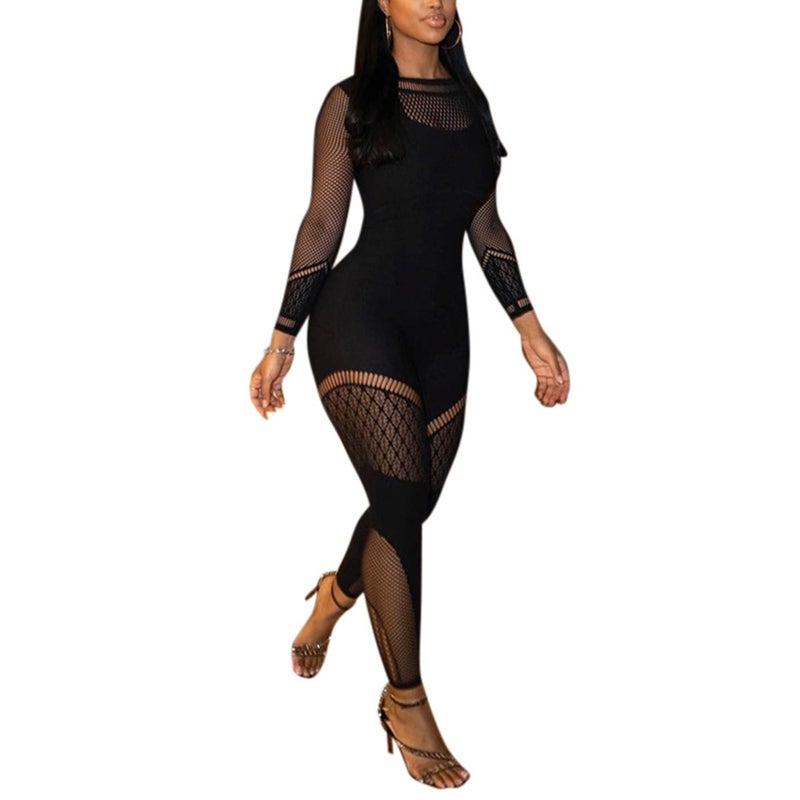 VOIKERDR Black Jumpsuit for Women Sexy Bodycon Mesh Hollow One Piece Jumpsuit See Through Romper Trendy - Image 1