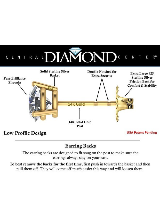 Central Diamond Center 14K Gold Post & Sterling Silver Zirconia 3 Prong Martini Stud Earrings- Yellow Gold Plated 5.50mm 1.50ctw - Image 2