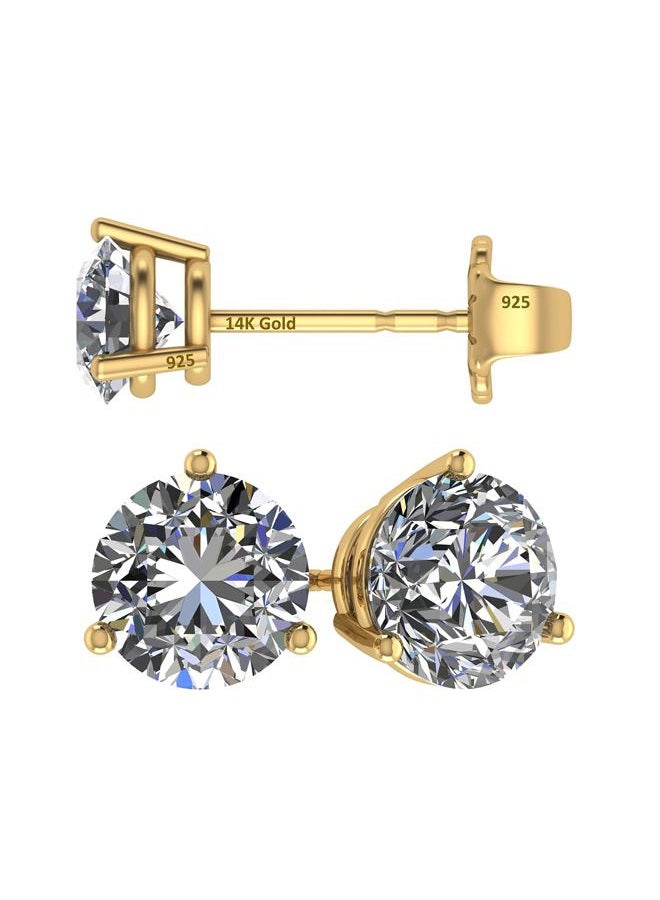 Central Diamond Center 14K Gold Post & Sterling Silver Zirconia 3 Prong Martini Stud Earrings- Yellow Gold Plated 5.50mm 1.50ctw - Image 1