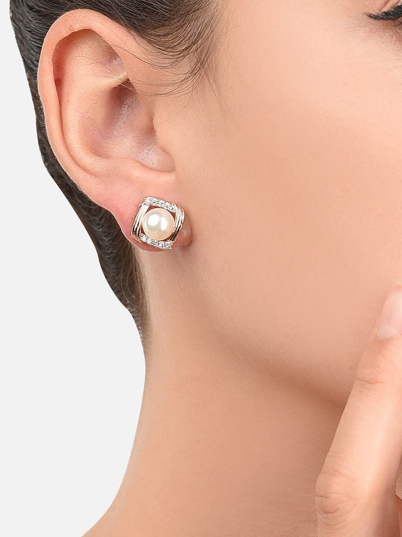 Zaveri Pearls Combo of 2 Rose Gold Cubic Zirconia Brass Drop & Stud Earrings For Women-ZPFK10379 - Image 3