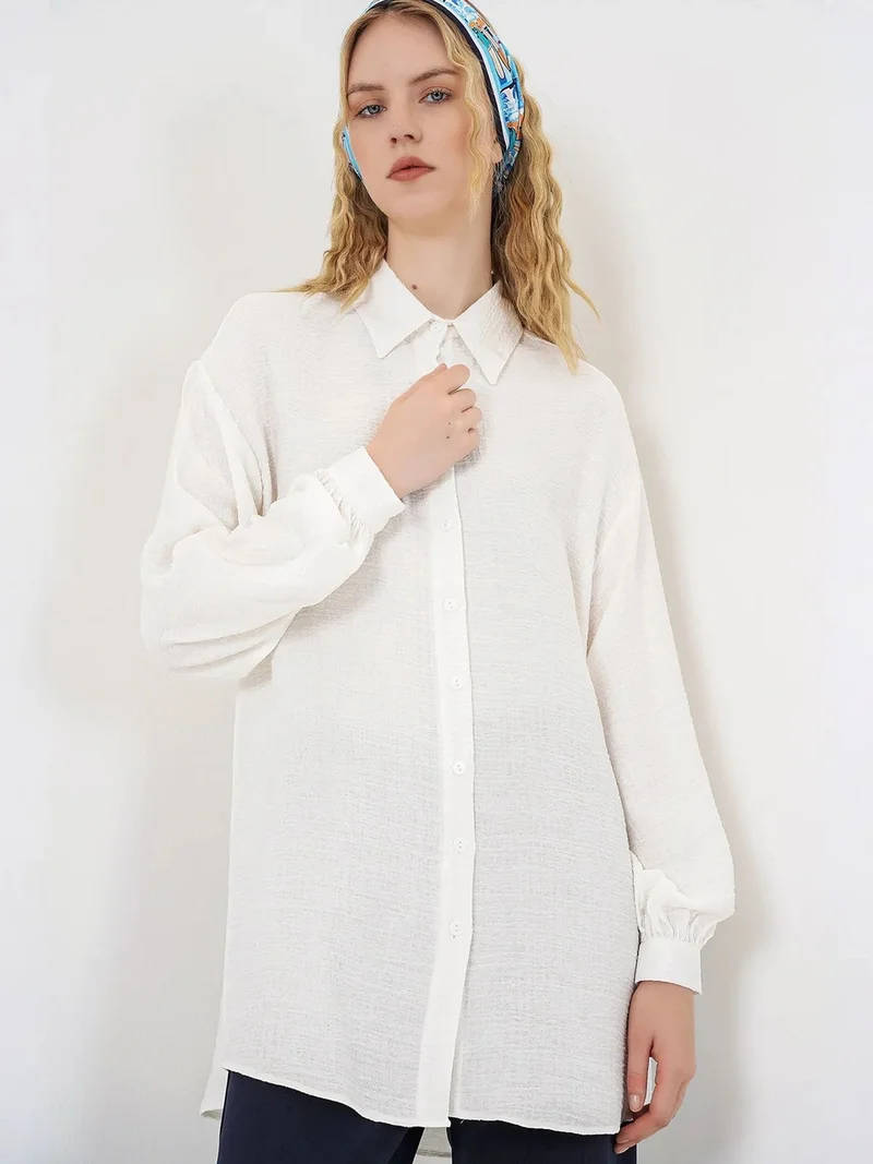 Big Dart White BDART Oversized Textured Long Blouse with Shirt Collar for Women | Best Price UAE