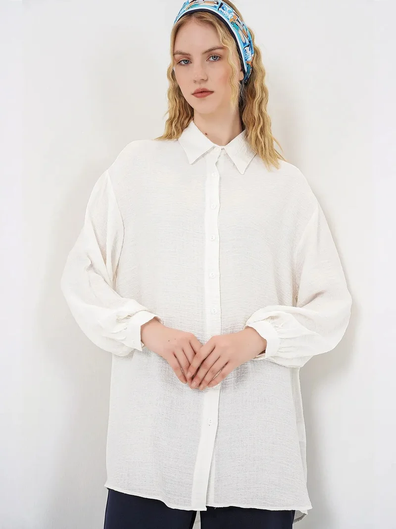 بيغ دارت BDART Oversized Textured Long Blouse with Shirt Collar