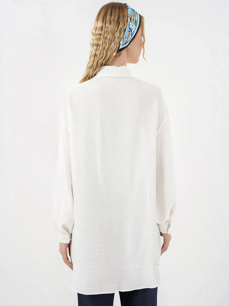 Big Dart White BDART Oversized Textured Long Blouse with Shirt Collar for Women | Best Price UAE