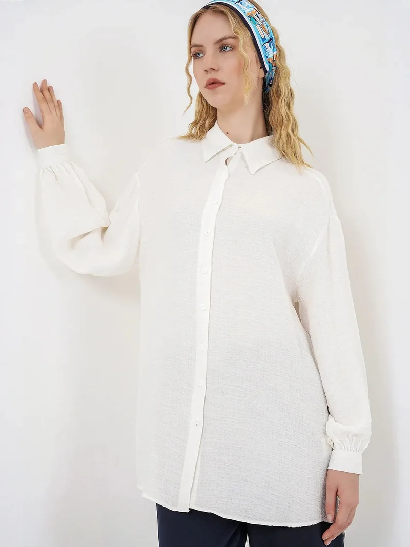 Big Dart White BDART Oversized Textured Long Blouse with Shirt Collar for Women | Best Price UAE