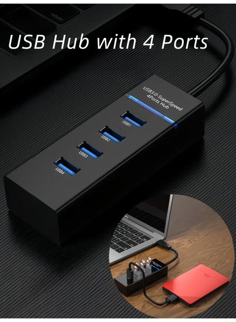 يو إس بي موزع USB 3.0 منفذ USB ، موزع بيانات USB عالي السرعة بأربعة منافذ مع مؤشر LED للابتوب، الكمبيوتر الشخصي، الكمبيوتر، القرص الصلب المتنقل، لوحة المفاتيح، الفأرة والمزيد - أسود - Image 3