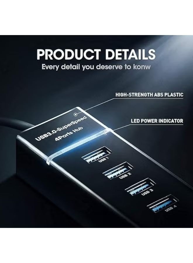 يو إس بي موزع USB 3.0 منفذ USB ، موزع بيانات USB عالي السرعة بأربعة منافذ مع مؤشر LED للابتوب، الكمبيوتر الشخصي، الكمبيوتر، القرص الصلب المتنقل، لوحة المفاتيح، الفأرة والمزيد - أسود - Image 4