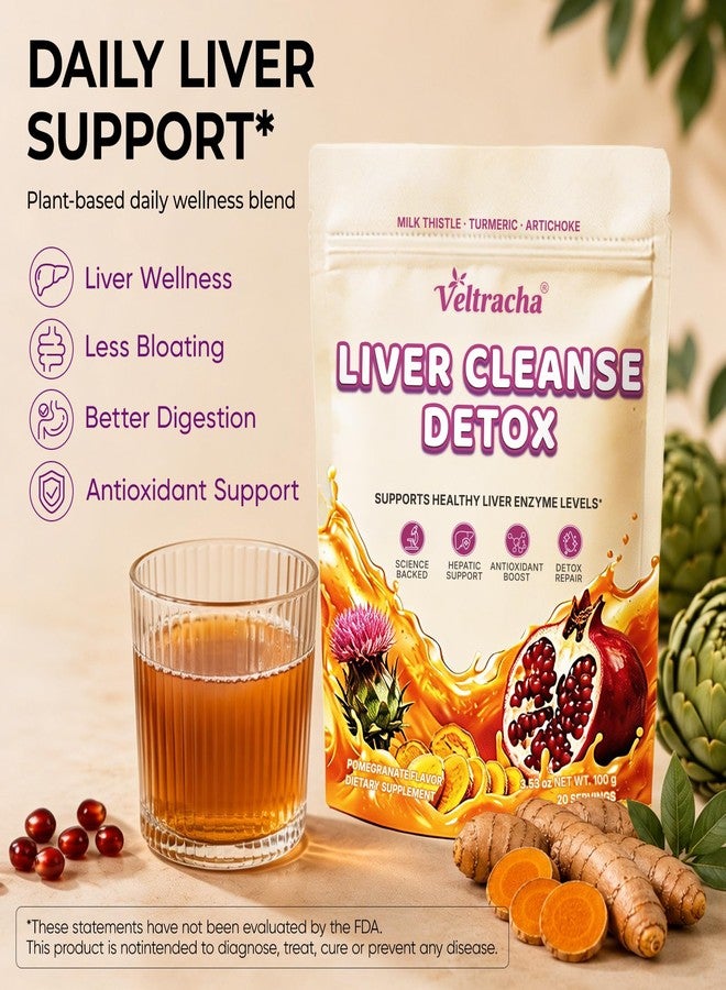 Veltracha Liver Cleanse Detox Powder, Milk Thistle & Turmeric Liver Support Supplement, Plant-Based Daily Wellness Blend with Artichoke, Ginger & Dandelion Root, Pomegranate Flavor, 20 Servings - Image 2