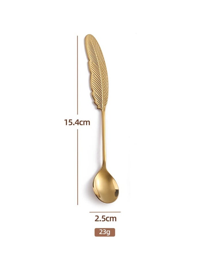 4 Pcs Exquisite Gold Feather Design Stainless Steel Teaspoons 6.1 Inch Small Coffee Bar Stirring Spoons, Durable Metal Tableware Perfect for Serving Espresso, Ice Cream, Cake, Pudding and Various Dessert Condiments - Image 2
