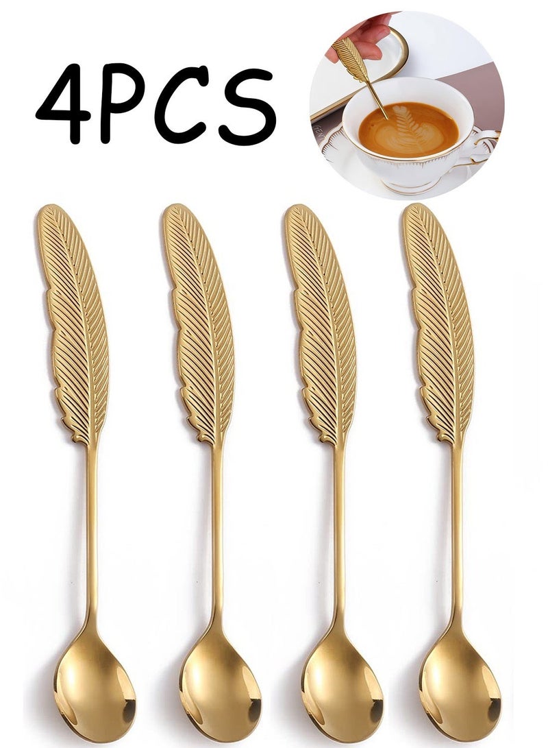 4 Pcs Exquisite Gold Feather Design Stainless Steel Teaspoons 6.1 Inch Small Coffee Bar Stirring Spoons, Durable Metal Tableware Perfect for Serving Espresso, Ice Cream, Cake, Pudding and Various Dessert Condiments - Image 1