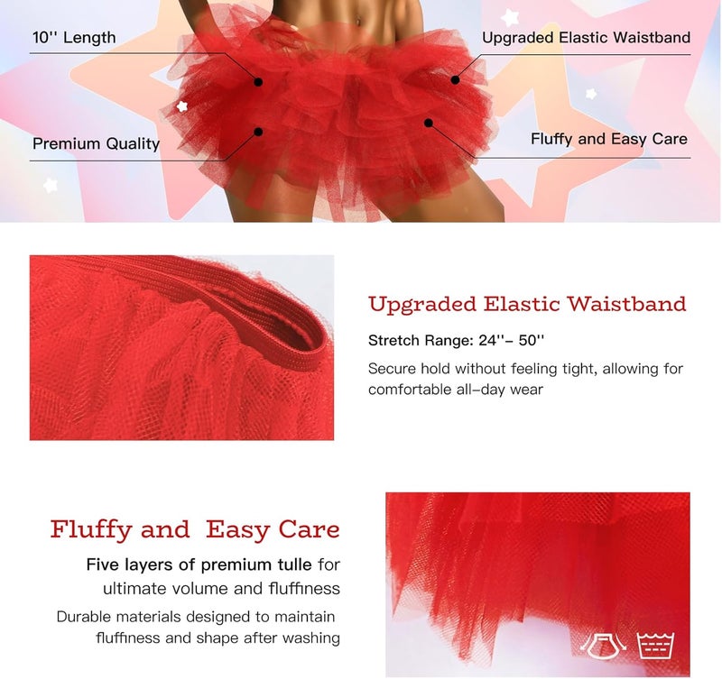 Phantomon Tutu Skirt Women's Teens Classic Elastic 5 Layered Tulle Ballet Skirt, 1950s Vintage Style Short Skirt, Adult Size - Image 4