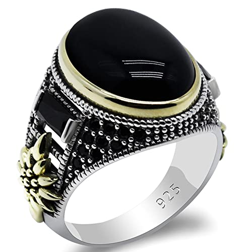 Qida 925 Sterling Silver Onyx Stone Men's Ring Türkiye Handmade Agate Silver Luxury Vintage Men's Ring (Black, 9) - Image 1