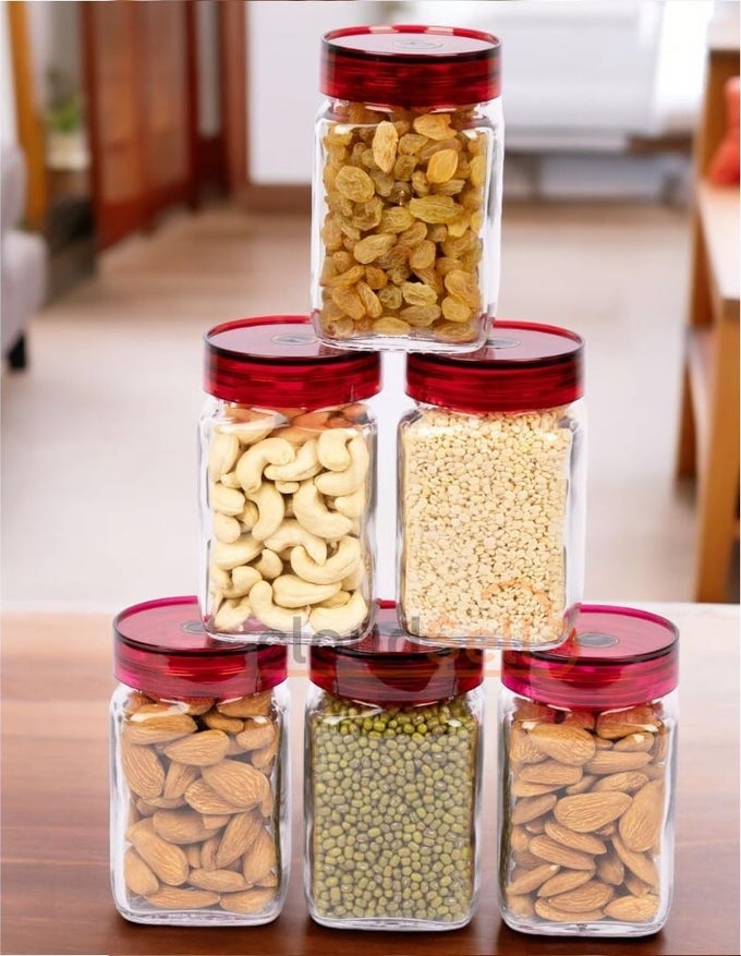 KITCHEN STORAGE JARS 300ML GLASS FOOD STORAGE CONTAINERS WITH AIRTIGHT PLASTIC LID ROUND KITCHEN DISPENSER FOR SPICE SAUCE PICKLE CEREAL COOKIE 6 SQUARE