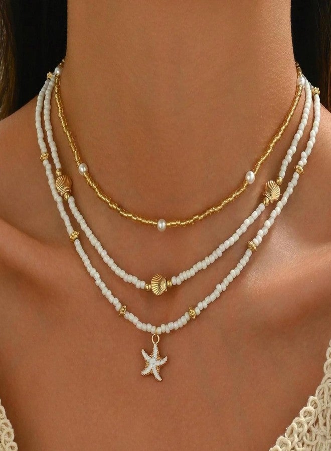 Nackiy Shell Starfish Necklace for Women, 14k Gold Plated Boho Layered Beaded Charm Pendant Necklace, Dainty Adjustable Pearl Conch Summer Beach Vacation Jewelry Gifts - Image 3