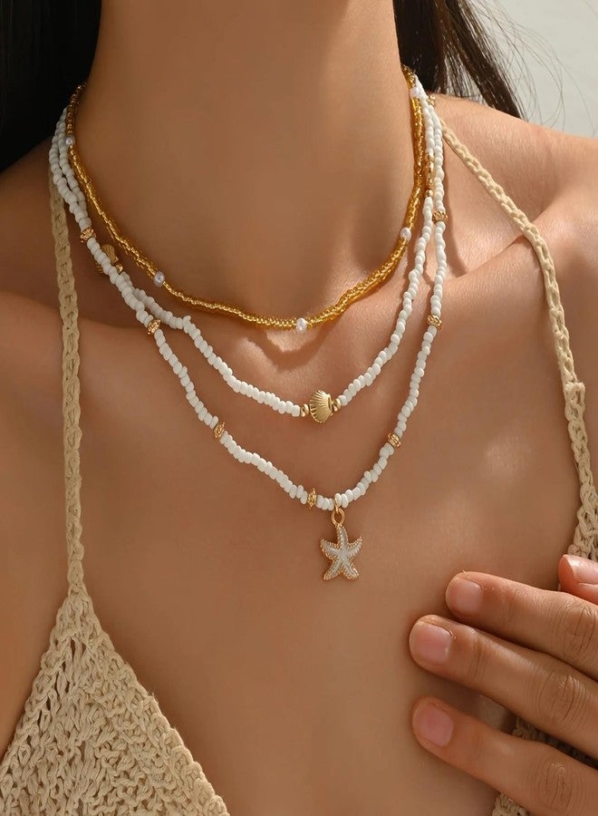 Nackiy Shell Starfish Necklace for Women, 14k Gold Plated Boho Layered Beaded Charm Pendant Necklace, Dainty Adjustable Pearl Conch Summer Beach Vacation Jewelry Gifts - Image 4