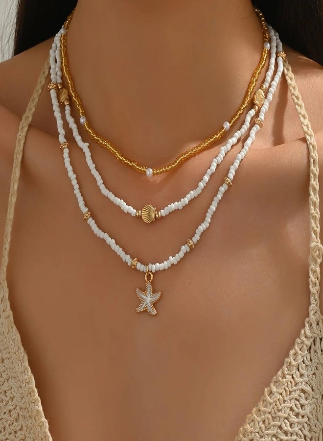 Nackiy Shell Starfish Necklace for Women, 14k Gold Plated Boho Layered Beaded Charm Pendant Necklace, Dainty Adjustable Pearl Conch Summer Beach Vacation Jewelry Gifts - Image 5