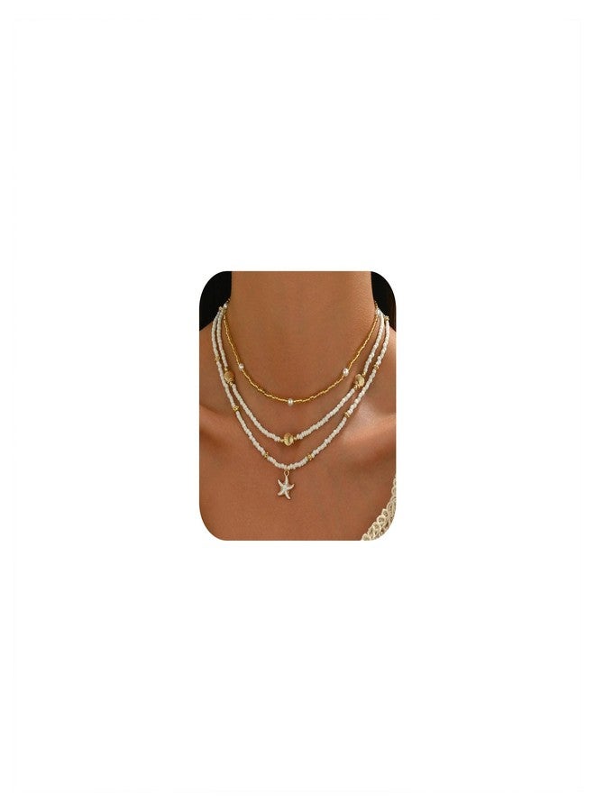 Nackiy Shell Starfish Necklace for Women, 14k Gold Plated Boho Layered Beaded Charm Pendant Necklace, Dainty Adjustable Pearl Conch Summer Beach Vacation Jewelry Gifts - Image 1