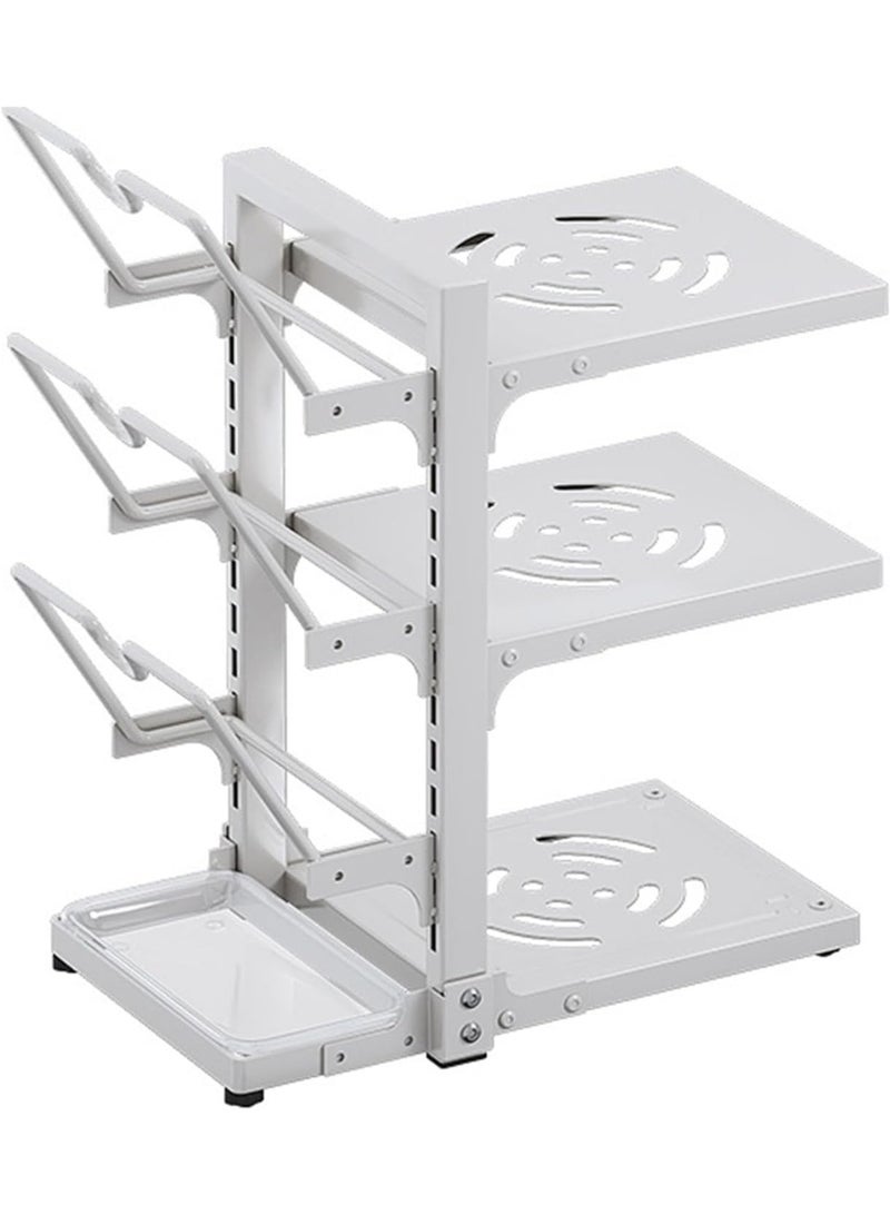 بلومنغ تايم منظم الأواني والمقالي، رف منظم متعدد الوظائف للأواني والمقالي، منظم مطبخ قابل للتعديل، حامل أواني، حامل غطاء وعاء مع صينية تصريف لخزانة المطبخ (أبيض، 3 طبقات) - Image 1