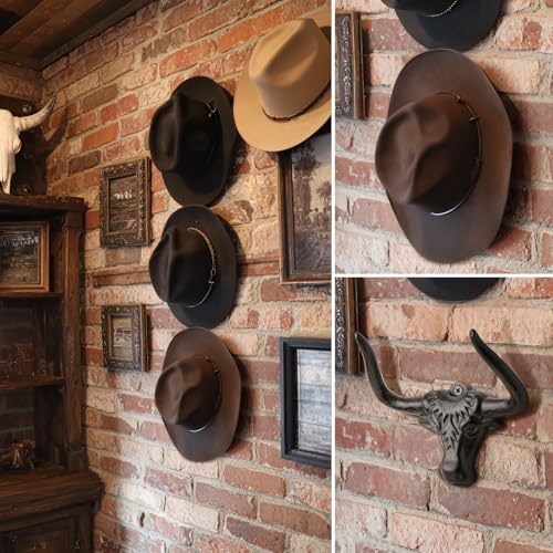 HYDERMUS Cowboy Hat Rack for Wall 4 Pack Modern Metal Cowboy Hat Holder Cast Iron Cowgirl Hat Hanger Western Longhorn Hooks for Storage and Display for Closet Bedroom Living Room Rust - Image 5