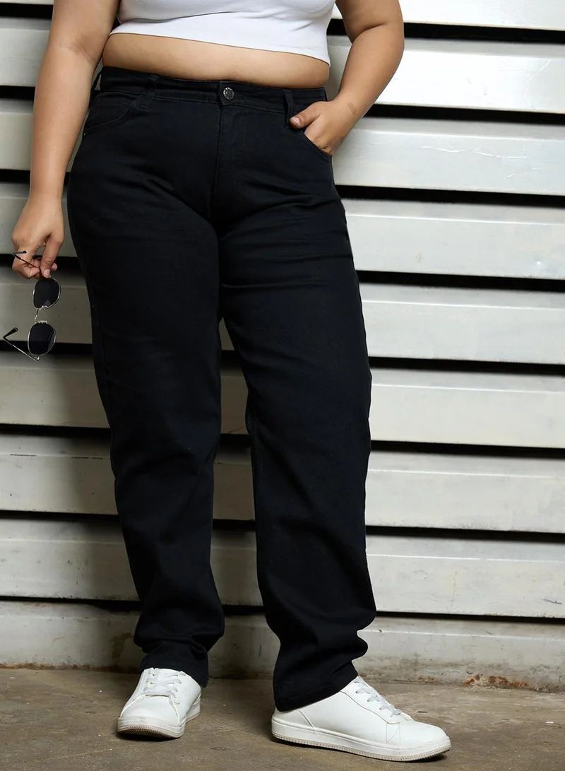 هاي ستار Women's Black Cotton Blend Bleached Full Length Slim Fit Jeans