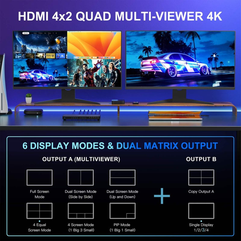 Portta مفتاح عرض متعدد 4K HDMI 4x2 مع PIP، محول PORTTA الرباعي السلس 4 في 2 خارج مع Toslink، دعم إخراج الصوت 3.5 مم 4K 30Hz، 6 أوضاع عرض، خافض دقة لـ PS4/PC/DVD - Image 2