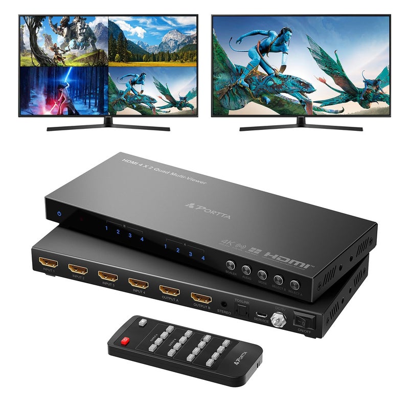 Portta مفتاح عرض متعدد 4K HDMI 4x2 مع PIP، محول PORTTA الرباعي السلس 4 في 2 خارج مع Toslink، دعم إخراج الصوت 3.5 مم 4K 30Hz، 6 أوضاع عرض، خافض دقة لـ PS4/PC/DVD - Image 1