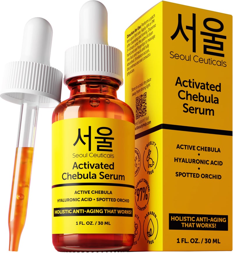SeoulCeuticals Chebula Active Serum for Face - Korean Skin Care Anti Aging Natural K Beauty Skincare With Hyaluronic Acid + Spotted Orchid for Healthy, Youthful Glowing Skin 1oz - Image 1