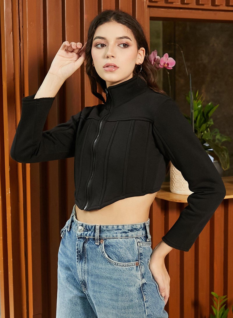 Campus Sutra Women's Onyx Black Zip-Front Corset Cropped Hoodie  - Image 3