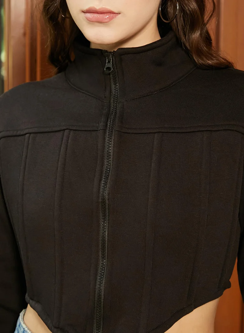 Campus Sutra Women's Onyx Black Zip-Front Corset Cropped Hoodie