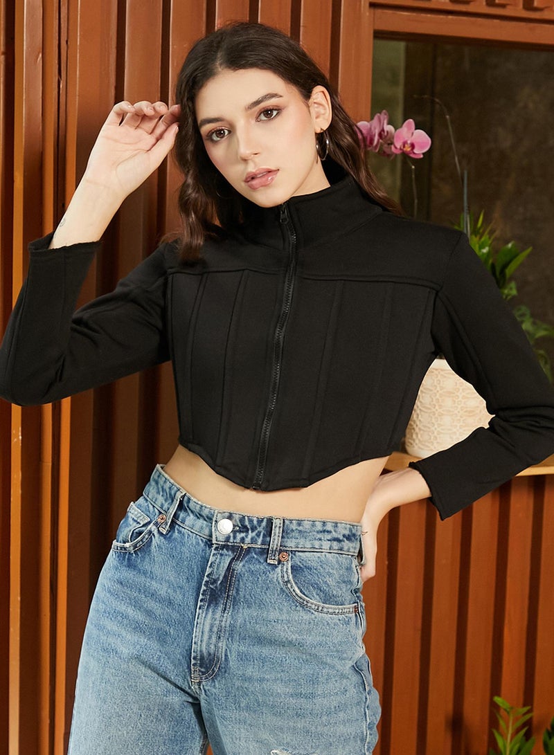 Campus Sutra Women's Onyx Black Zip-Front Corset Cropped Hoodie  - Image 2