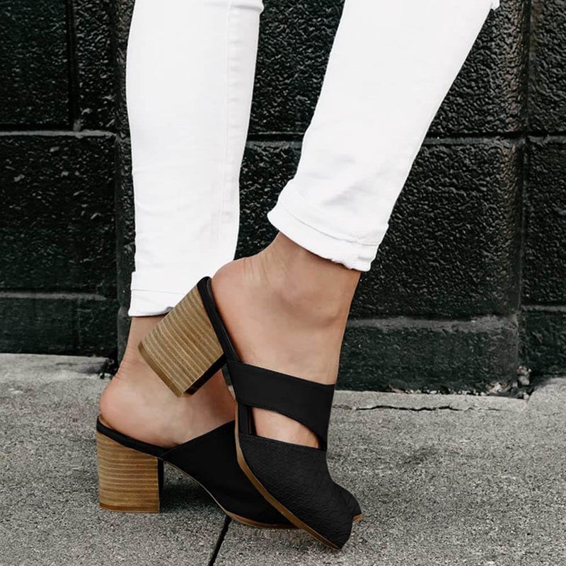 Syktkmx Womens Cutout Backless Chunky Stacked Mules Slip On Closed Toe Scale Heeled Sandal Shoes - Image 2