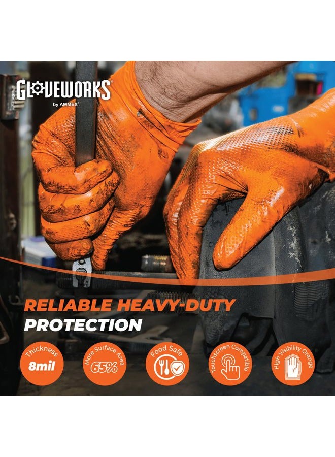 GLOVEWORKS قفازات نيتريل برتقالية صناعية HD مع سطح ماسي مرتفع، علبة من 100، 8 مل، حجم XXLarge، خالية من اللاتكس، خالية من البودرة، مزخرفة، قابلة للتخلص، آمنة للطعام، GWON49100BX - Image 2