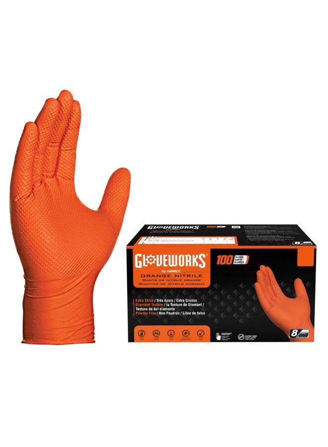 GLOVEWORKS قفازات نيتريل برتقالية صناعية HD مع سطح ماسي مرتفع، علبة من 100، 8 مل، حجم XXLarge، خالية من اللاتكس، خالية من البودرة، مزخرفة، قابلة للتخلص، آمنة للطعام، GWON49100BX - Image 1