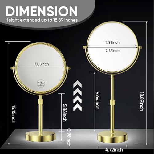 Nicesail Height Adjustable 15~19” Tall Table Mirror, 1X 10X Magnifying Mirror Double Sided for Makeup&Shaving, Desk Vanity Mirror Tabletop 360 Rotation of 8” Face, Bathroom Shiny Gold Makeup Mirror - Image 4