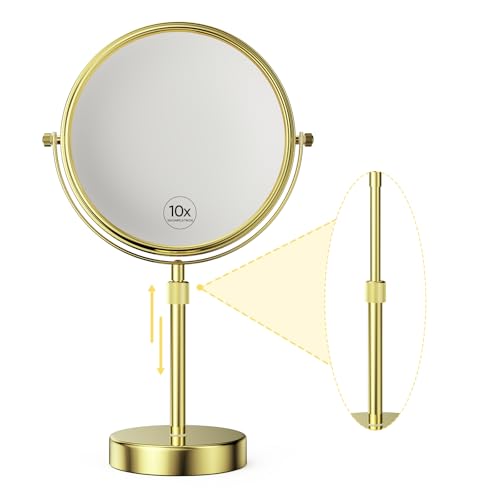 Nicesail Height Adjustable 15~19” Tall Table Mirror, 1X 10X Magnifying Mirror Double Sided for Makeup&Shaving, Desk Vanity Mirror Tabletop 360 Rotation of 8” Face, Bathroom Shiny Gold Makeup Mirror - Image 1