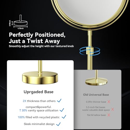 Nicesail Height Adjustable 15~19” Tall Table Mirror, 1X 10X Magnifying Mirror Double Sided for Makeup&Shaving, Desk Vanity Mirror Tabletop 360 Rotation of 8” Face, Bathroom Shiny Gold Makeup Mirror - Image 2