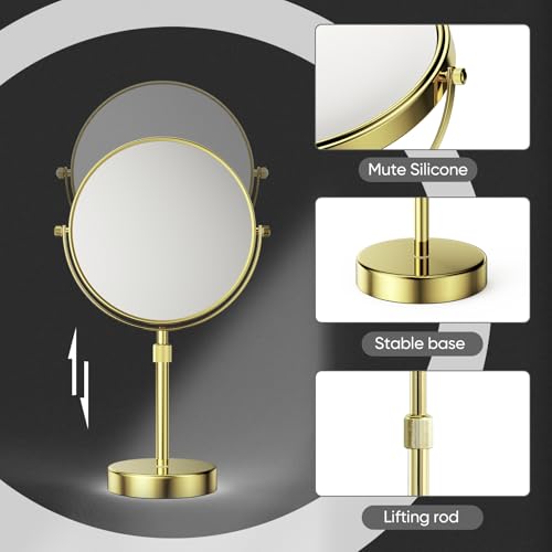 Nicesail Height Adjustable 15~19” Tall Table Mirror, 1X 10X Magnifying Mirror Double Sided for Makeup&Shaving, Desk Vanity Mirror Tabletop 360 Rotation of 8” Face, Bathroom Shiny Gold Makeup Mirror - Image 3