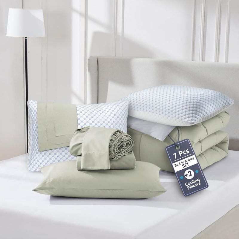Nestl 9 Piece California King Comforter Set – Light Sage Reversible Bed in a Bag – Complete Cal King Size Bedding Set with Sheets, Cooling Pillows, Pillowcases and Shams - Image 1