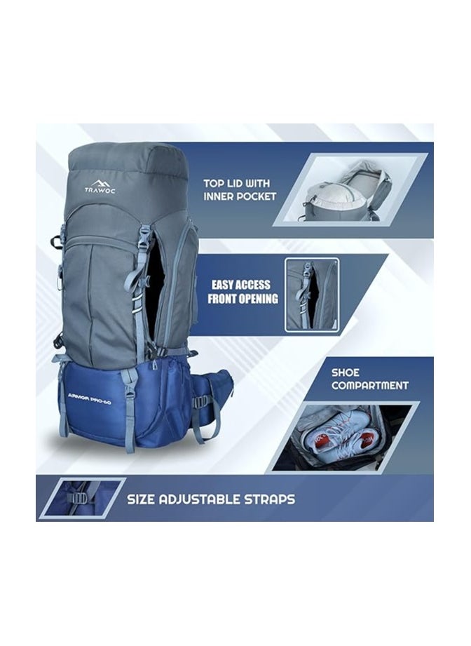 Trawoc - TRAWOC 60L Travel Backpack for Hiking Trekking Bag Camping Rucksack with Rain Cover Shoe Compartment HK013 Grey - Image 1