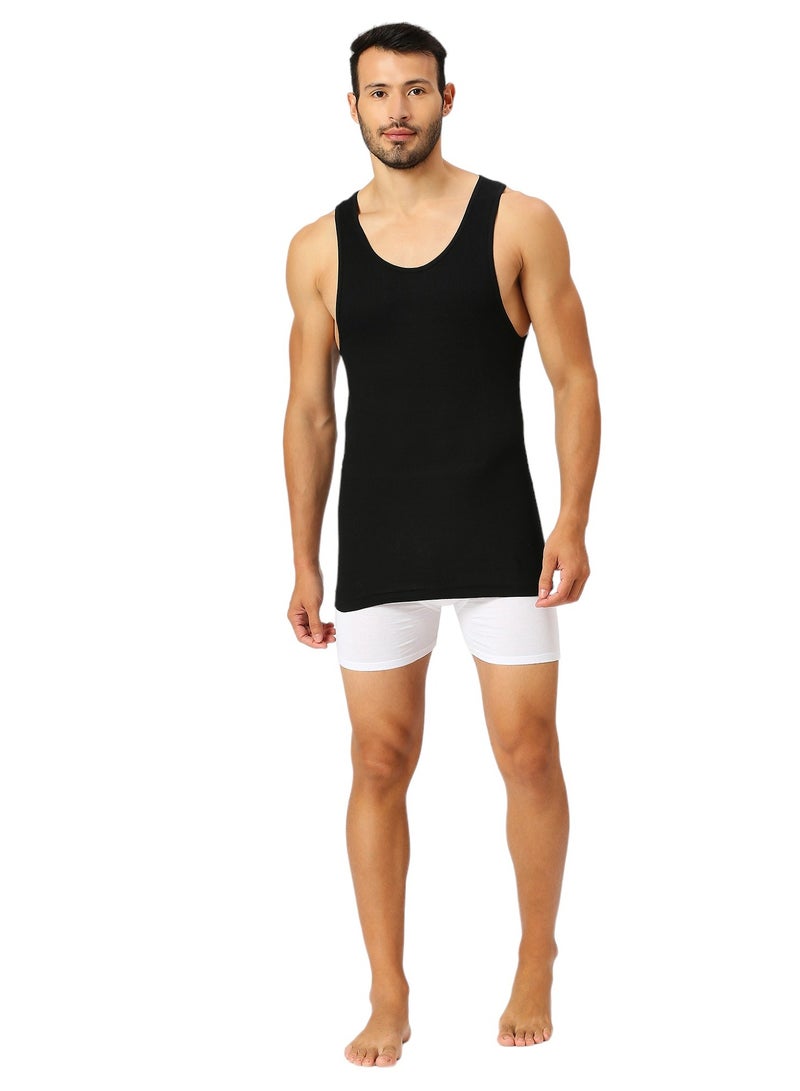 BYC MEN'S LONG LENGTH COTTON VEST - BLACK - Image 1