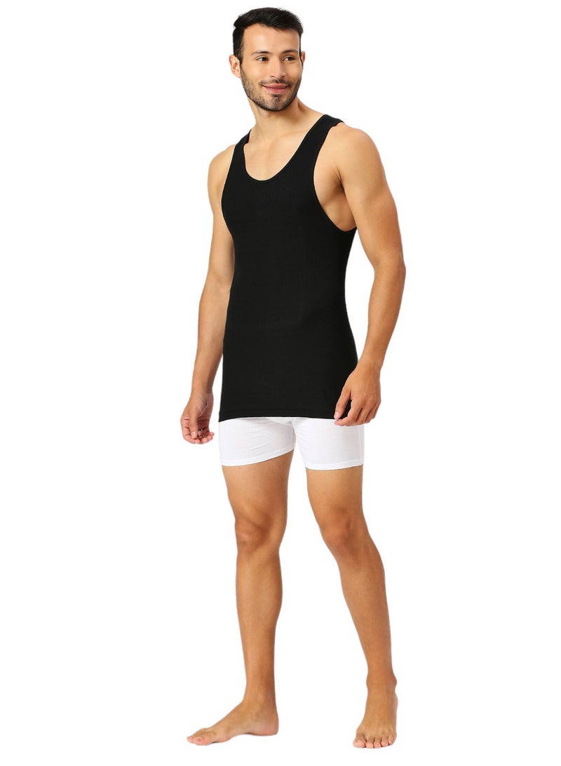 BYC MEN'S LONG LENGTH COTTON VEST - BLACK - Image 2