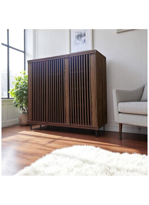 SC108 Multi-Purpose Wooden Storage Cabinet – 3-Door Organizer with 9 Compartments | Grey Stone Finish | Modern Slatted Design for Shoes, Bags, Books, and More – Malaysian Furniture