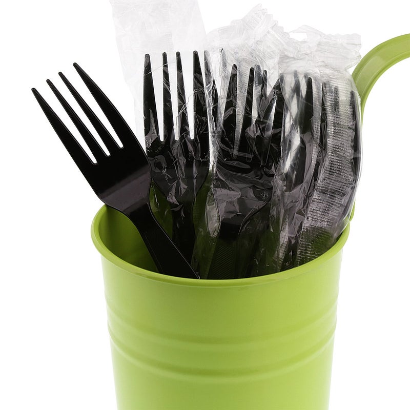 AmerCareRoyal 1000 Units Medium Heavy Weight Individually Wrapped Disposable Polystyrene Plastic Forks for Restaurants and Catering Black