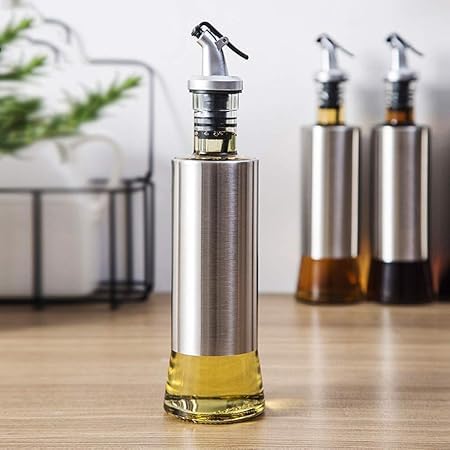 RIGJAK Stainless Steel Olive Oil Dispenser Bottle Glass Cooking Oil Vinegar Cruet for Kitchen